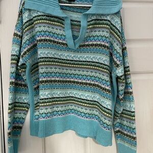 Talbots Blue and Green V-Neck Sweater Fireside Fair Isle Johnny Collar